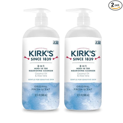 Kirk's Original Fresh 3-in-1 Nourishing Cleanser, Shampoo Body Wash Bubble Bath, Coconut Oil and Aloe Vera, Vegan Non-GMO, 32 Fl Oz, Pack of 2