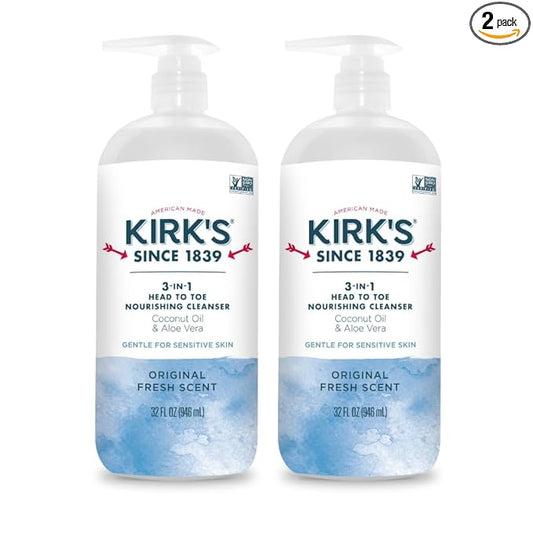 Kirk's Original Fresh 3-in-1 Nourishing Cleanser, Shampoo Body Wash Bubble Bath, Coconut Oil and Aloe Vera, Vegan Non-GMO, 32 Fl Oz, Pack of 2