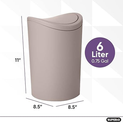 Superio Mini Bathroom Trash Can with Lid, Modern Mini Waste Bin with Swing Lid (1 1/2 Gallon, 6 Liter) Plastic Garbage Can for Kitchen, Bathroom, Bedroom, Office, Under Desk (1, Taupe)