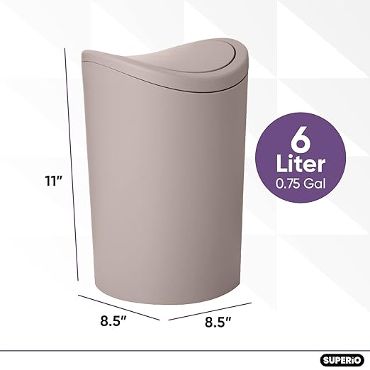 Superio Small Bathroom Trash Can with Lid, Modern Mini Waste Bin with Swing Lid (1 1/2 Gallon, 6 Liter) Plastic Garbage Can for Kitchen, Bathroom, Bedroom, Office, Under Desk (4, Taupe)