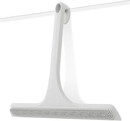 2-in-1 Silicone Shower Squeegee with Hook,Dual-Sided Design with Scraper & Scrub Surface,Streak-Free Bathroom Squeegee for Glass Doors,Mirrors,Windows,Car Windshields (White)