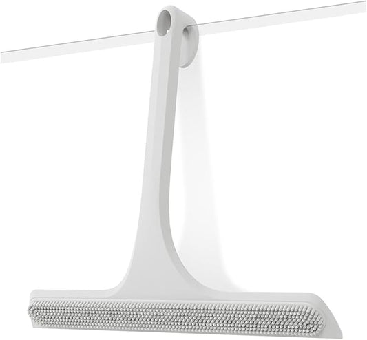 2-in-1 Silicone Shower Squeegee with Hook,Dual-Sided Design with Scraper & Scrub Surface,Streak-Free Bathroom Squeegee for Glass Doors,Mirrors,Windows,Car Windshields (White)