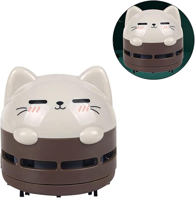 Mini Desktop Vacuum Cleaner, Cute Cartoon Desk Cleaner Strong Adsorption Table Vacuum with Detritus Bin for Cleaning Crumbs Dust (Brown)