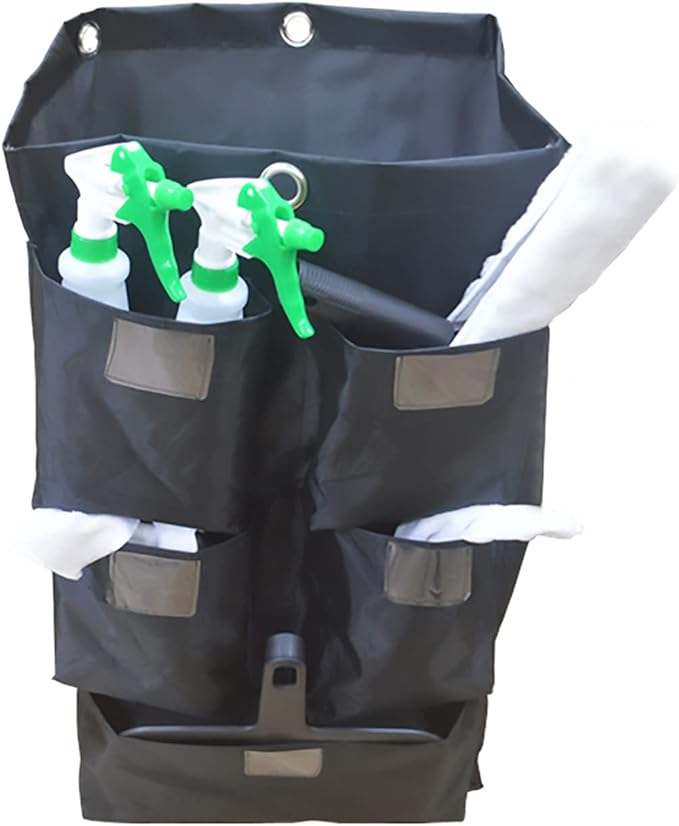 Replacement Janitorial Cart Bag, High Capacity Waterproof Thickened Housekeeping Commercial Janitorial Cleaning Cart Bag with 6 Brass Grommets - 25 Gallon (Black with 5 Pockets)