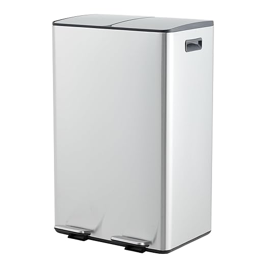 Garvee Dual Compartment Trash Can, 2 x 8 Gal (2 x 30L) Stainless Steel Recycling Bin with Foldable Foot Pedal & Soft-Close Lid, Kitchen Garbage & Recycle Combo - Silver