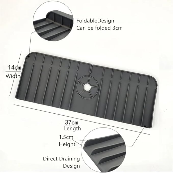 Silicone Kitchen Sink Faucet Drain Mat, Water Splash Guard for Kitchen and Bathroom Countertop, Gray