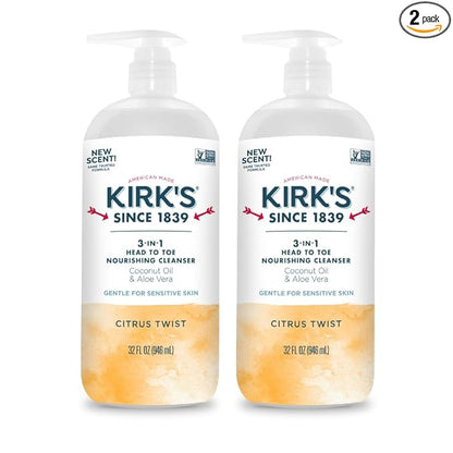 Kirk's 3-in-1 Head to Toe Nourishing Liquid Cleanser- for Men, Women & Children - Premium Coconut Oil & Aloe Vera- Non GMO & Vegan - Citrus Twist - 32 Fl Oz. - 2 Pack
