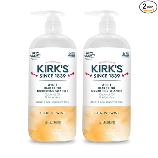 Kirk's 3-in-1 Head to Toe Nourishing Liquid Cleanser- for Men, Women & Children - Premium Coconut Oil & Aloe Vera- Non GMO & Vegan - Citrus Twist - 32 Fl Oz. - 2 Pack