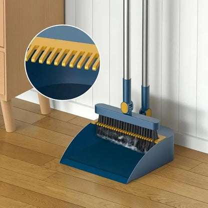 2-in-1 Broom with Dustpan Combo Set,Long Handle Broom Dustpan Combo with Dustpan Teeth to Automatically Clean Hair for Home, Indoor or Outdoor Cleaning Hall Floor (Blue)