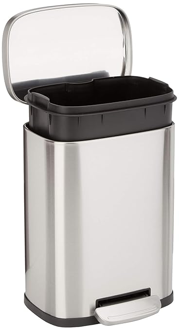 Amazon Basics MINI Trash Can, 1.32 Gallon (5L) Smudge Resistant Rectangular Bin with Soft-Close Lid, Step Foot Pedal, Removable Inner Bucket, Brushed Stainless Steel, for Bathroom, Satin Nickel Finish