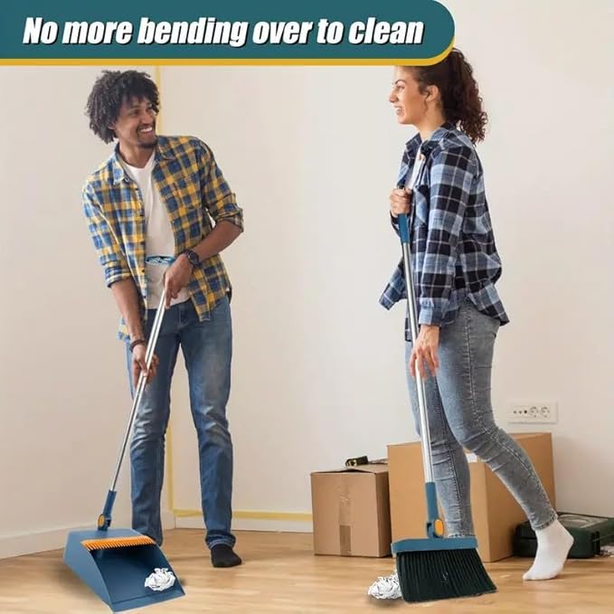 2-in-1 Broom with Dustpan Combo Set,Long Handle Broom Dustpan Combo with Dustpan Teeth to Automatically Clean Hair for Home, Indoor or Outdoor Cleaning Hall Floor (Gray)