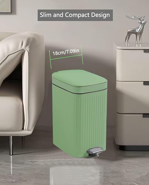 Feisco Small Trash Can with Lid,Small Bathroom Trash Can with Foot Pedal and Press Type Lid,Slim Step-On Trash Bin Wastebasket Garbage Can for Kitchen,Bathroom Office, Bedroom (Green, 2.6 Gallon)