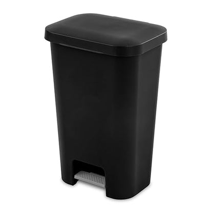 Sterilite 11.9 Gallon Rectangular Step On Kitchen Plastic Indoor Wastebasket with Wide Opening Lid and Comfort Handle for Home, Black (12 Pack)
