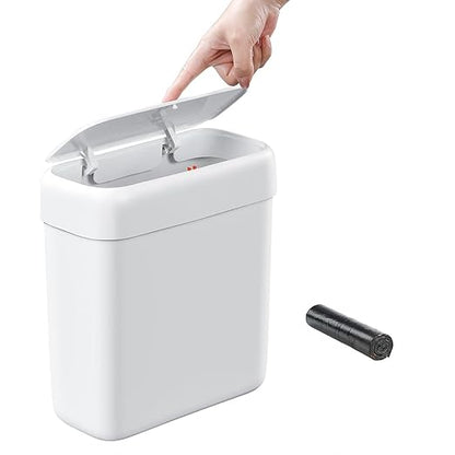 funest Bathroom Small Trash Can with Lid, 13 Liter/3.4 Gallon Slim Garbage Bin with Press Top Lid, White Wastebasket for Bedroom, Office, Kitchen, RV