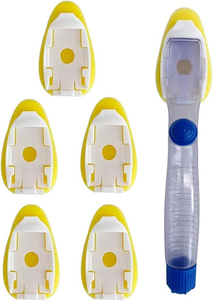 Dish Wand Soap Dispenser with 6 Refill Sponge Heads, Dish Brush Handle, Bottle Brush Scrubber, Heavy Duty, Leak Proof, Storage Clip