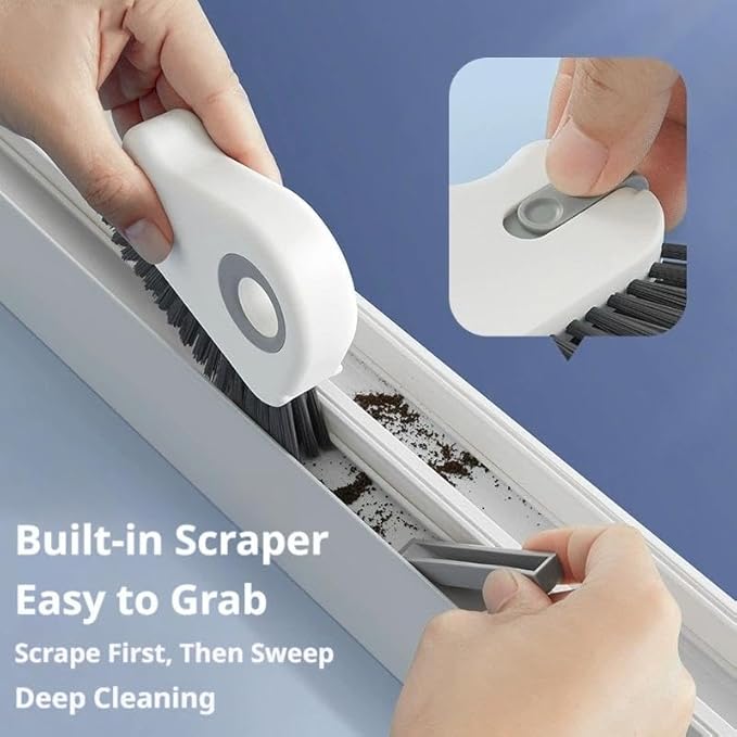 2-in-1 Groove Cleaning Brush, Window Track Cleaning Tool with Hard Bristle and Built-in Scraper, Multifunctional Crevice Brush for Sliding Door Track, Window Sill, and Frame