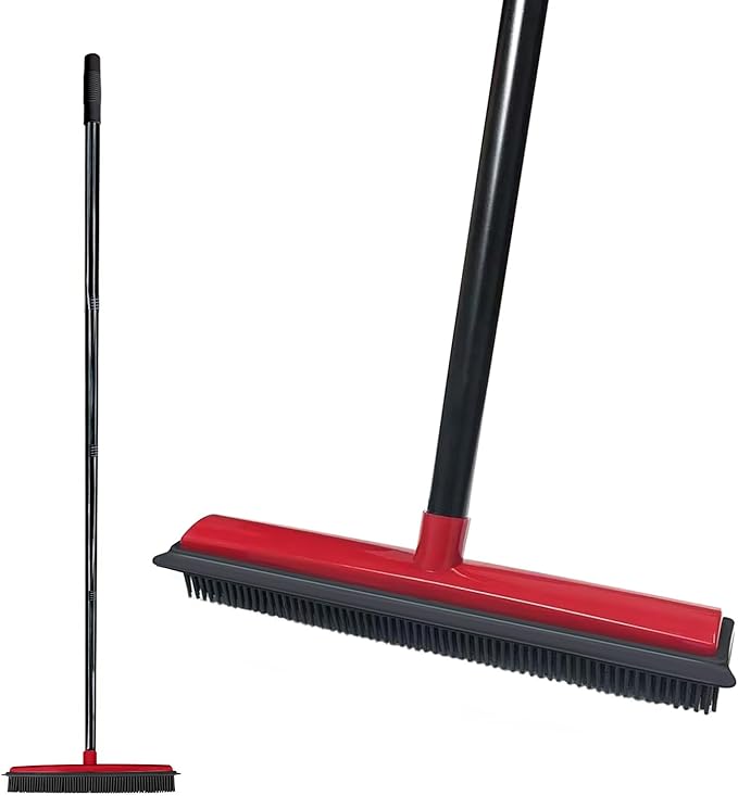 Rubber Broom Pet Hair Remover for Carpet with Squeegee - 50" (130cm) Sturdy 4-Piece Sectional Handle, 3-Level Adjustable Height Silicone Broom for Rugs, Tile, Hardwood Floors & Windows