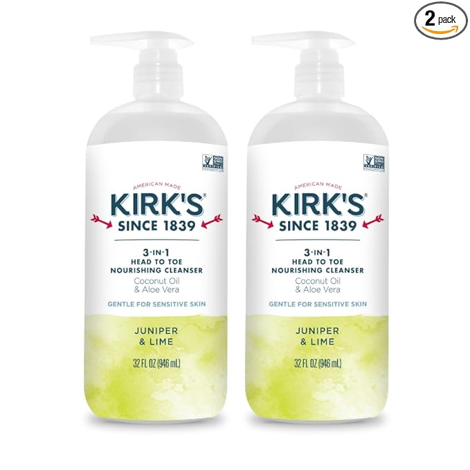 Kirk's Juniper & Lime 3-in-1 Nourishing Cleanser, Shampoo Body Wash Bubble Bath, Coconut Oil and Aloe Vera, Vegan Non-GMO, 32 Fl Oz, Pack of 2