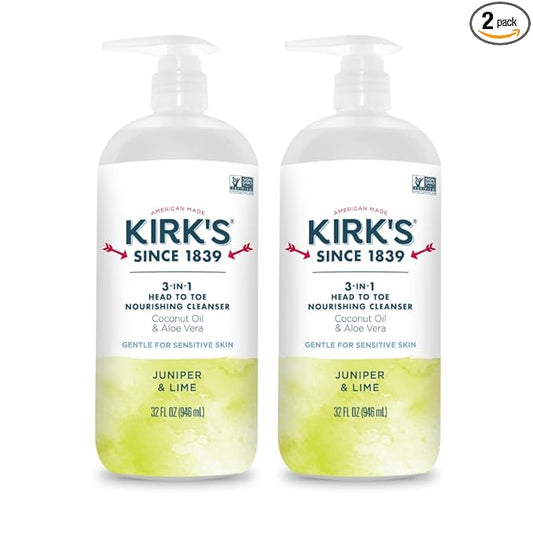 Kirk's Juniper & Lime 3-in-1 Nourishing Cleanser, Shampoo Body Wash Bubble Bath, Coconut Oil and Aloe Vera, Vegan Non-GMO, 32 Fl Oz, Pack of 2