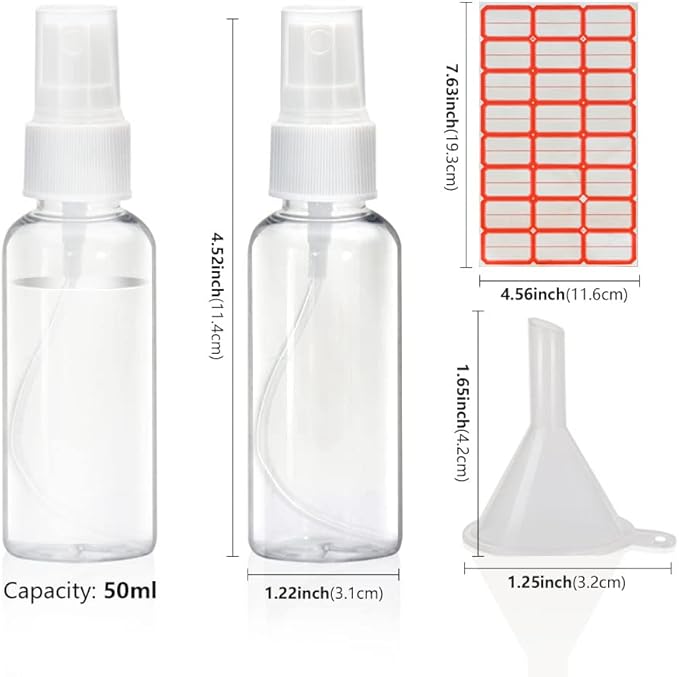 Mini Spray Bottles, 2oz/50ml Small Spray Bottle, Plastic Travel Spray Bottle for Liquids, Refillable Hand Spritzer Bottles for Liquids, Clear Alcohol Spray Bottles with Small Funnel and Bottle Labels