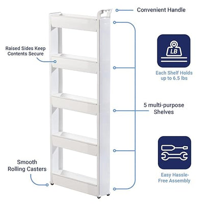 Miles Kimball 5 Tier Slim Cart, White, Durable Plastic, Easy Assembly, Holds Up to 6.5 lbs