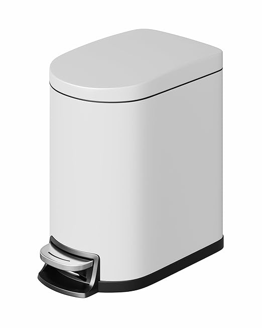 GarveeHome 1.6 Gal Step-On Trash Can, Stainless Steel Small Bathroom Garbage Bin with Soft Close Lid, Slim Space-Saving Design, Removable Inner Bucket for Bathroom, Bedroom, Office, White