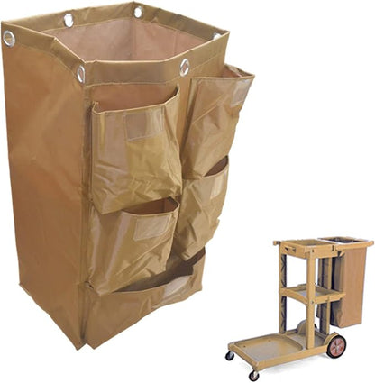 Replacement Janitorial Cart Bag, High Capacity Waterproof Thickened Housekeeping Commercial Janitorial Cleaning Cart Bag with 6 Brass Grommets - 25 Gallon (Brown with 5 Pockets)