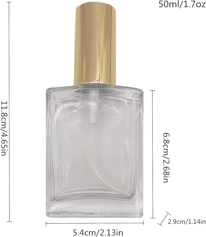 8PCS Square Glass Spray bottle,Small Refillable Container with Fine Mist srpayer,Perfume bottle (50ml, Clear+Gold)