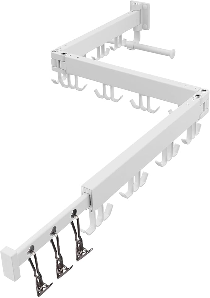 RFOUO Wall Mounted Clothes Drying Rack,Drying Rack Clothing Wall Mount with Foldable Features(Tri-Fold),Space Saver,Wall Mounted Drying Rack for Laundry Balcony Bathroom (White)