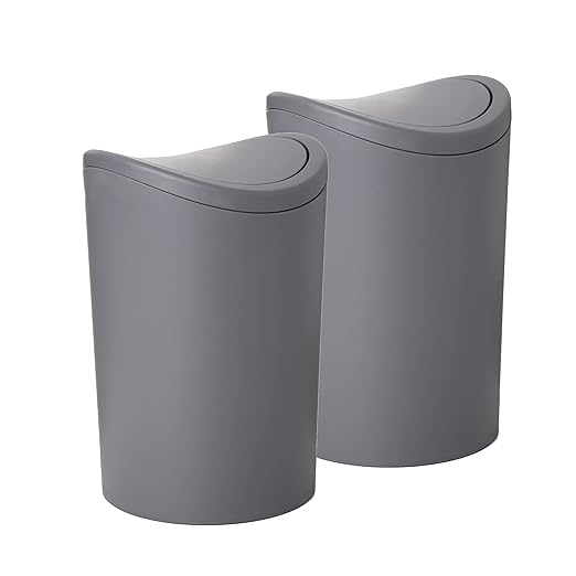 Superio Small Bathroom Trash Can with Lid, Modern Grey Mini Waste Bin with Swing Lid (1 1/2 Gallon, 6 Liter) Plastic Garbage Can for Kitchen, Bathroom, Bedroom, Office, Under Desk (2, Grey)