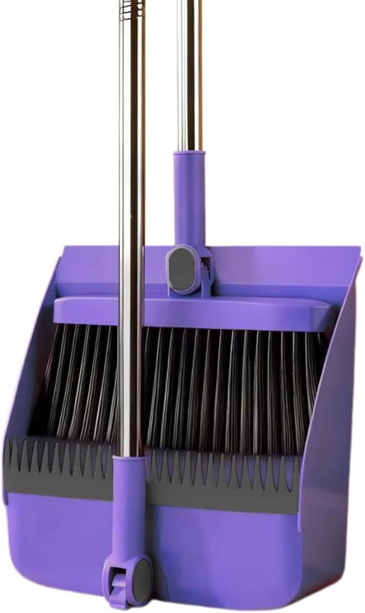 2-in-1 Broom with Dustpan Combo Set,Long Handle Broom Dustpan Combo with Dustpan Teeth to Automatically Clean Hair for Home, Indoor or Outdoor Cleaning Hall Floor (Purple)