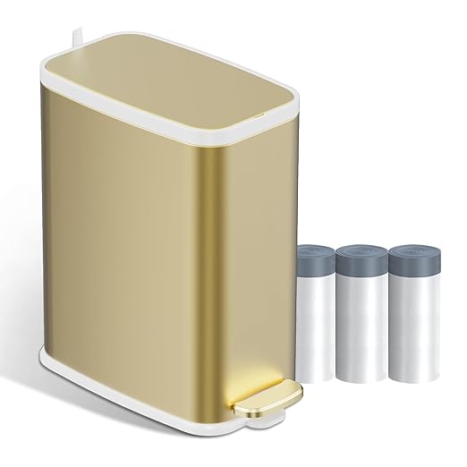 KdbK Champagne Gold Bathroom Trash Can with Lid Soft Close,1.6 Gallon Slim Garbage can,Small Metal Step Wastebasket for Office, Bedroom, Toilet, Live Room