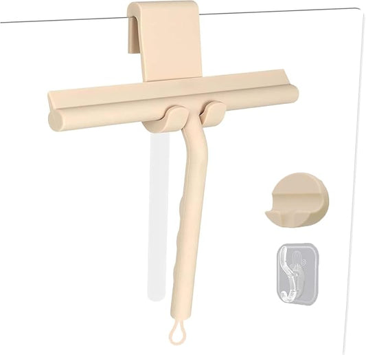 Squeegee for Shower Glass Doors, Resilient Loop - No-Drill & Adhesive Hook, Silicone Shower Squeegee with Stainless Steel Core, Cleaning Tool for Home, Kitchen, Bathroom & Car - Beige