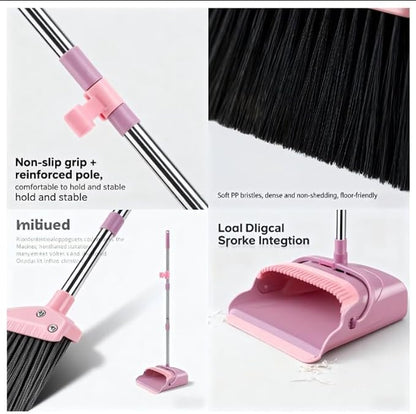 Upright Broom and Dustpan Set - Long Handle for No-Bending Comfort, 3 Rows Dense Bristles for Deep Sweeping, Suitable for Home, Office, Kitchen, Lobby, Shop, Indoor & Outdoor Spaces, Pink & Purple