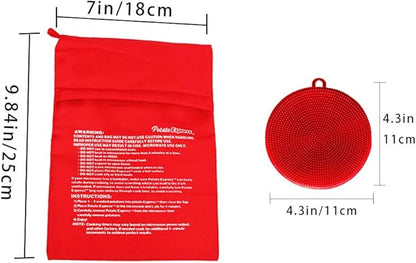Premium Microwave Potato Bag Kit, with 2PCS Silicone Vegetable Scrubber Brush, Reusable Baked Potato Pouch and Multipurpose Silicone Dish Sponge - Perfect Dishes in Just 4 Min (Red)