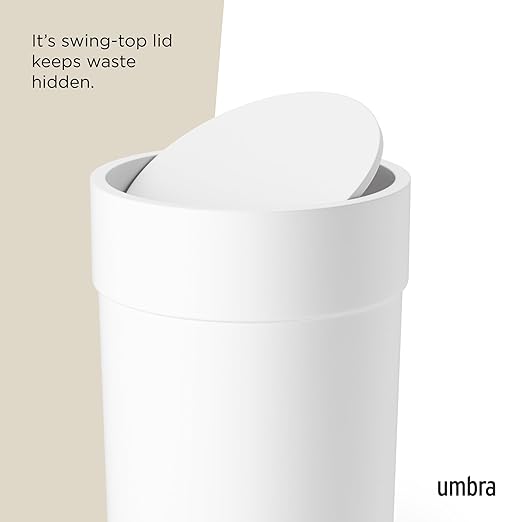 Umbra Touch Trash Can, Small 1.6-Gallon Garbage Bin with Swing Lid, Waste Basket for Bathroom or Office, White