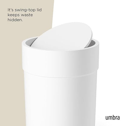 Umbra Touch Trash Can, Small 1.6-Gallon Garbage Bin with Swing Lid, Waste Basket for Bathroom or Office, White