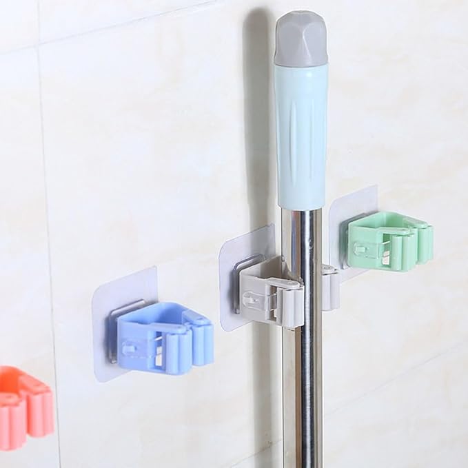 Broom and Mop Holder Clip 4 Pcs Mop Broom Wall Mounted Heavy Duty with Plastic Hooks Hanger No Drilling Mop Gripper for Home Bathroom Kitchen (Gray)