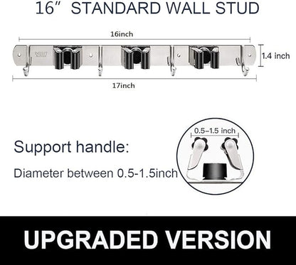 IMILLET Broom and Mop Holder Wall Mounted, Stainless Steel Broom Holder Mop Holder Self Adhesive Heavy Duty Hooks Storage Organizer for Home Laundry Room Garden Garage（3 Racks with 4 Hooks）