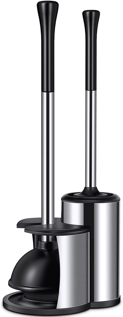 HAMITOR Toilet Plunger Bowl Brush Set: Hideaway Heavy Duty Toilet Plunger Scrubber Cleaner Holder Combo for Bathroom with Covered Caddy Hidden Elongated Discreet Apartment Plunger Brush Accessories