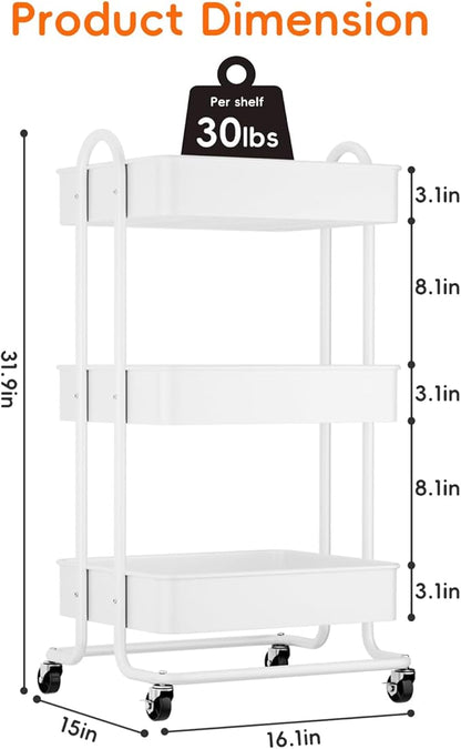 3 Tier Metal Rolling Utility Cart Organizer, Cleaning Supplies Carts with Lockable Wheels, Hanging Cups, Baskets, Mop Holder Hooks, Kitchen Storage Trolley Cart Laundry Garage Bathroom, White