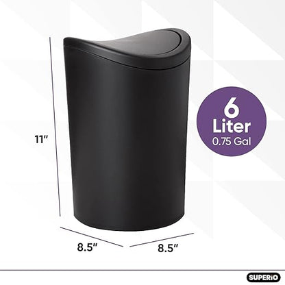 Superio Small Bathroom Trash Cans with Lid 4 Pack (1 1/2 Gallon, 6 Liter), Modern Matte Black Mini Waste Bin with Swing Lid Plastic Garbage Can for Bathroom, Bedroom, Office, Under Desk