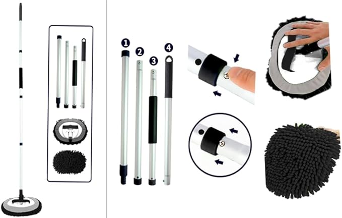 62 Inch Car wash Brush with Long Aluminum Pole, Car Wash Brush Microfiber Car Cleaning Brush Kit, Washing Mop Kit of Scratch-Free Replacement Head for Car, RV Truck,(Black)