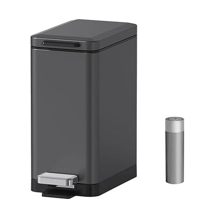 Mbillion Bathroom Trash Can with Lid Slim Stainless Steel Small Bathroom Garbage Can 10 Liter, 2.6 Gallon Soft Close, Step Pedal, Slim Wastebasket for Toilet, Office, Bedroom,Dark Grey