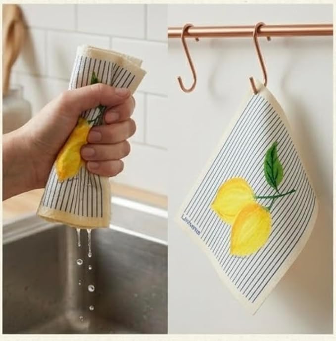Lemon Collection Swedish Dishcloth, Reusable Paper Towel, Super Absorbent Cellulose Sponge, Kitchen Cleaning Cloth, Washable & Compostable (Lemon Zest Stripe 1 Pack)