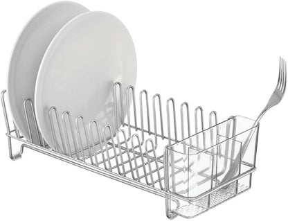 mDesign Kitchen Sink Dish Drainer – Small Metal and Plastic Dish Rack for Kitchen Sink – Ideal for Plates and Cutlery Basket – Chrome/Clear