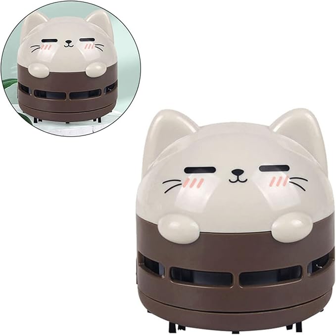 Mini Desktop Vacuum Cleaner, Cute Cartoon Desk Cleaner Strong Adsorption Table Vacuum with Detritus Bin for Cleaning Crumbs Dust (Brown)
