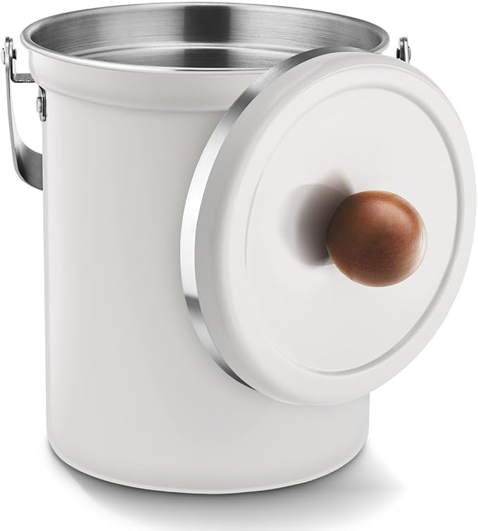 WAGENSTEIGER Kitchen Countertop Compost Bin 101ounces / 3Liters, Airtight Lid SUS304 Stainless Steel Odor-Free Food Waste Bin with Wooden Handle Stylish Design/Bathroom Trash Can (White)