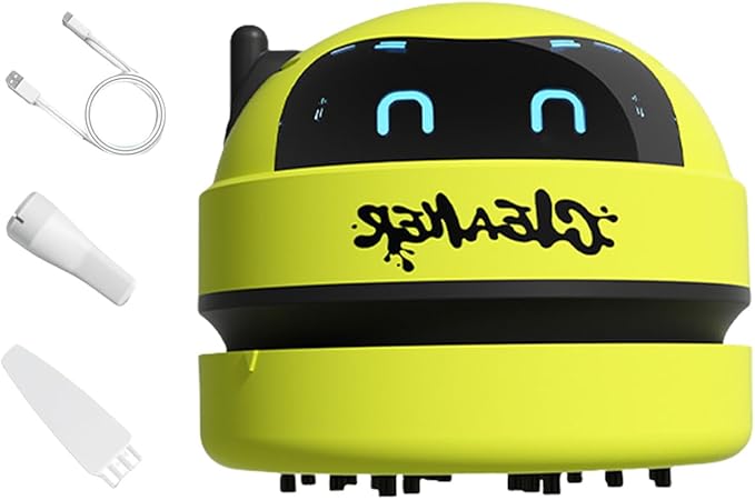 Desktop Vacuum Cleaner, Robot Design USB Rechargeable Cordless Mini Vacuum with 3-Speed Adjustment, LED Display & Detachable Nozzle for Home, Office, Car, Keyboard and Desk Cleaning,Green
