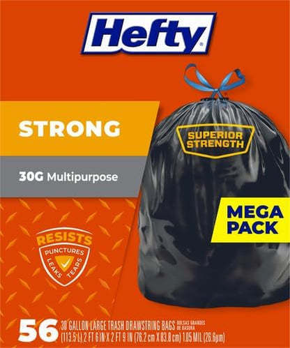 Hefty Strong 30 Gallon Trash Bags, Large Trash Bags 30 Gallon Size, Durable Drawstring Enclosure, Resists Punctures, Leaks, and Tears, Black, Unscented, 56 Bags (Pack of 3)
